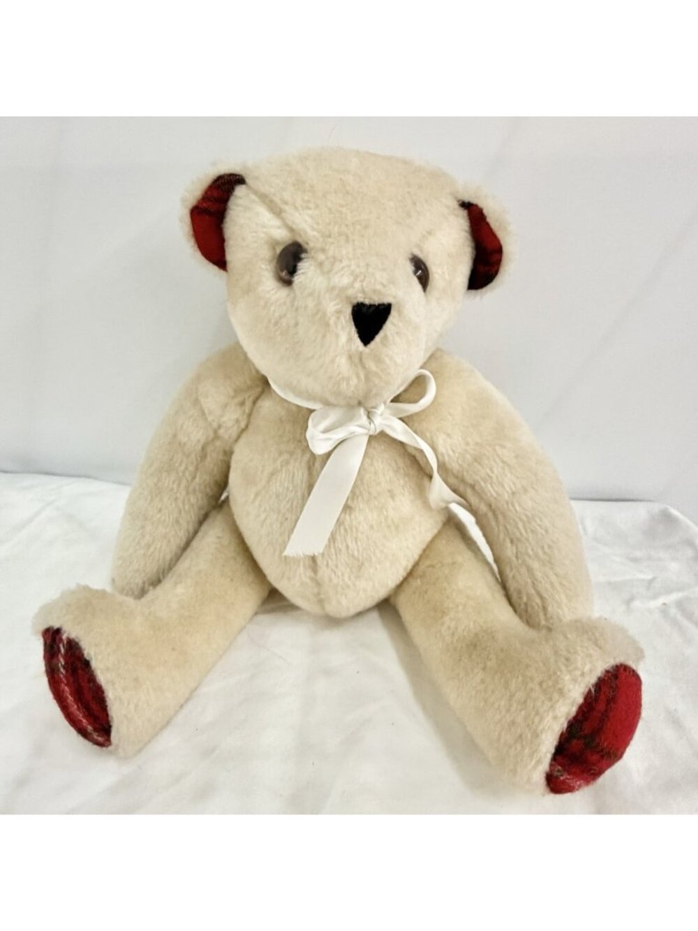 The Vermont Teddy Bear Co Classic Plush Teddy Bear Cream Red Plaid Ears USA Made
